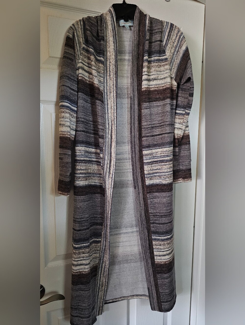 Veronica M Striped Open-Front Long Cardigan - Gray, Brown, Cream